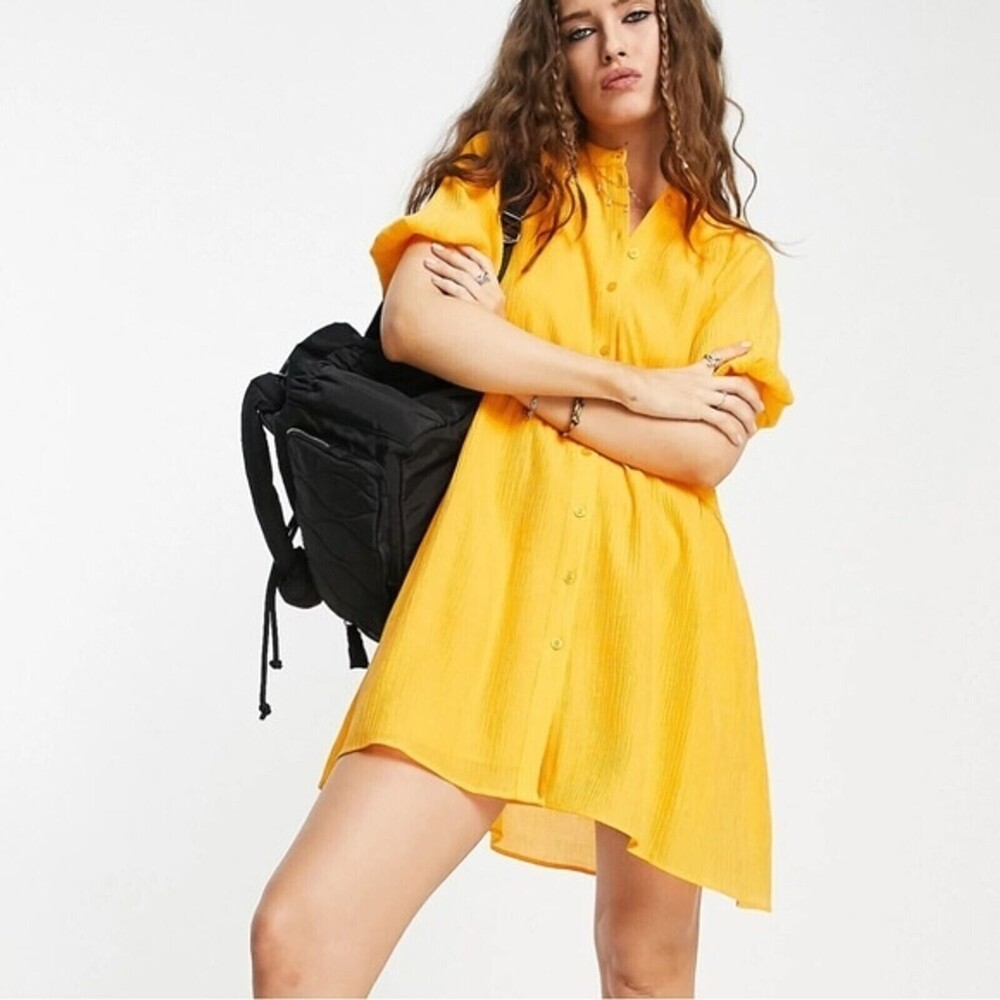 Topshop Textured Chuck On Mini Shirt Dress US 6 Ochre Yellow 3/4 Sleeve NWT B50